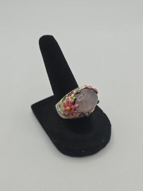 David Sigal Sterling Silver Floral Rose Quartz Cabochon Statement Ring